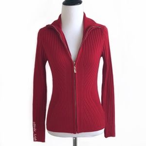 XOXO Red Rib Mock Neck Zip Front Sweater